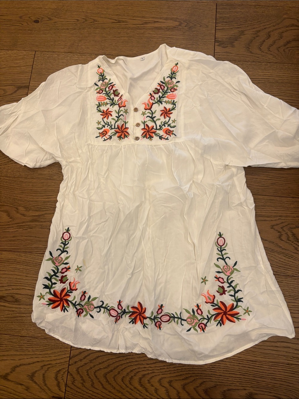 Amazon Essentials White Tunic with Multicolor Floral Embroidery